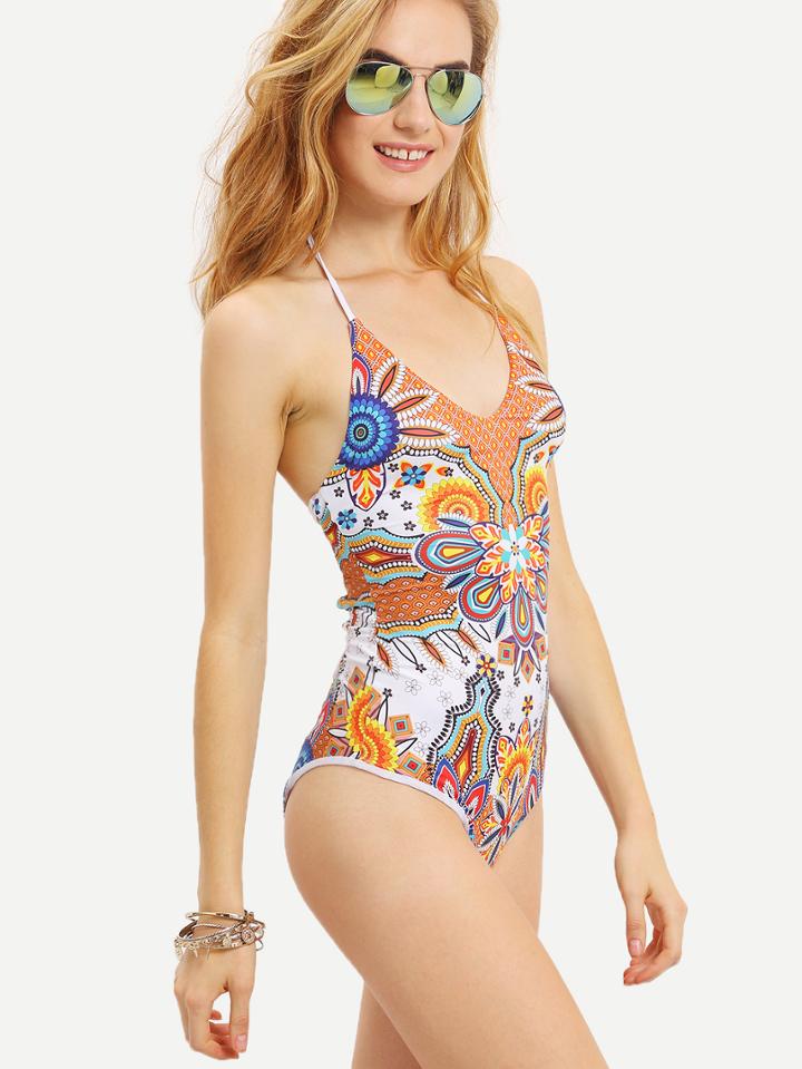 Romwe Multicolor Halter Criss Cross Back Swimwear