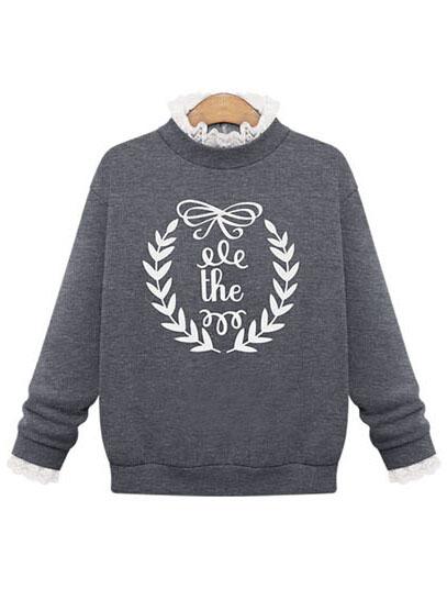 Romwe Lace Letters Print Grey Sweatshirt