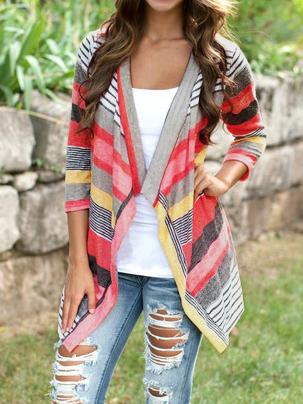 Romwe Multicolor Long Sleeve Striped Dip Hem Retro Cardigan