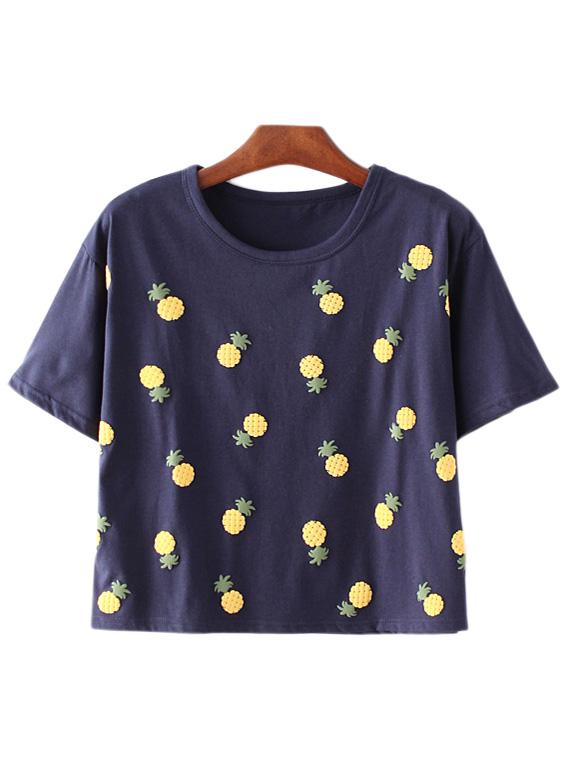 Romwe Navy Short Sleeve Pineapples Pattern T-shirt