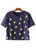 Romwe Navy Short Sleeve Pineapples Pattern T-shirt