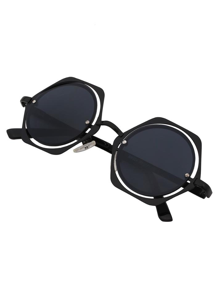 Romwe Black Cutout Hexagon Frame Round Sunglasses