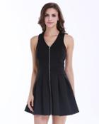 Romwe Black Sleeveless V Neck Zip Pleated Dress