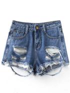 Romwe Blue Pockets Lace Splicing Ripped Hole Denim Shorts