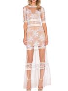 Romwe Elbow Sleeve Embroidered Sheer Mesh Maxi Dress