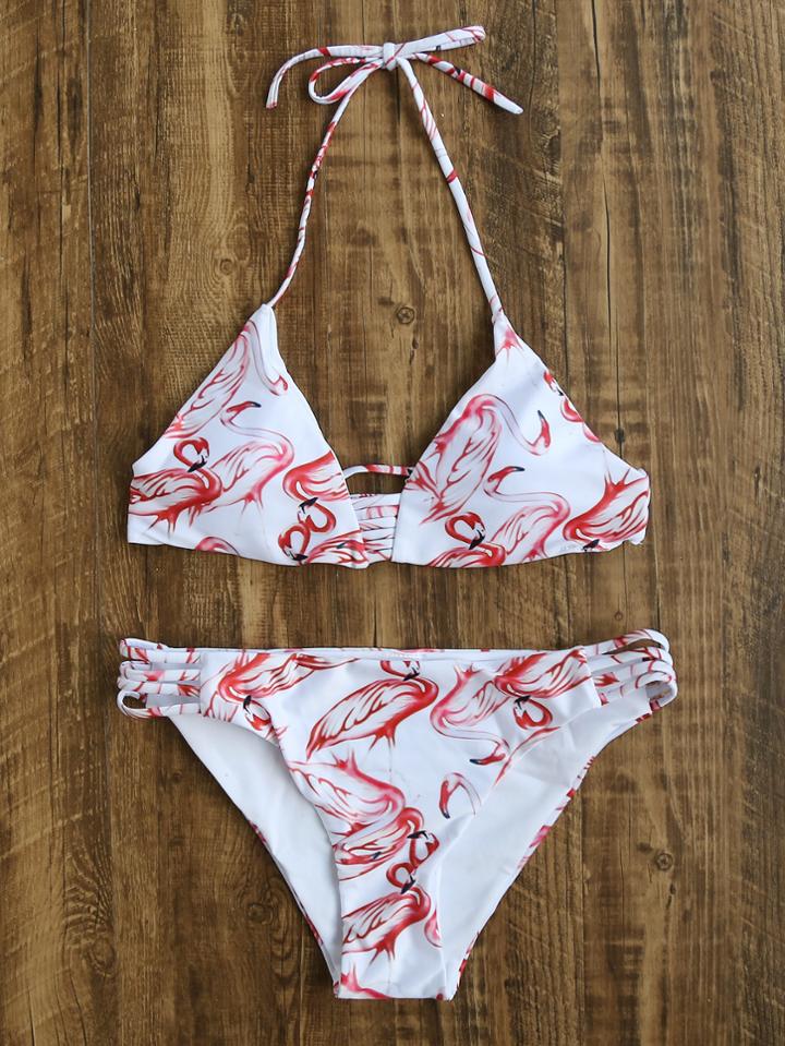 Romwe Red Printed Ladder Cutout Halter Bikini Set