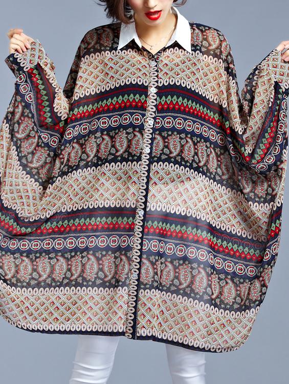 Romwe Multicolor Retro Print Oversized Dolman Sleeve Blouse
