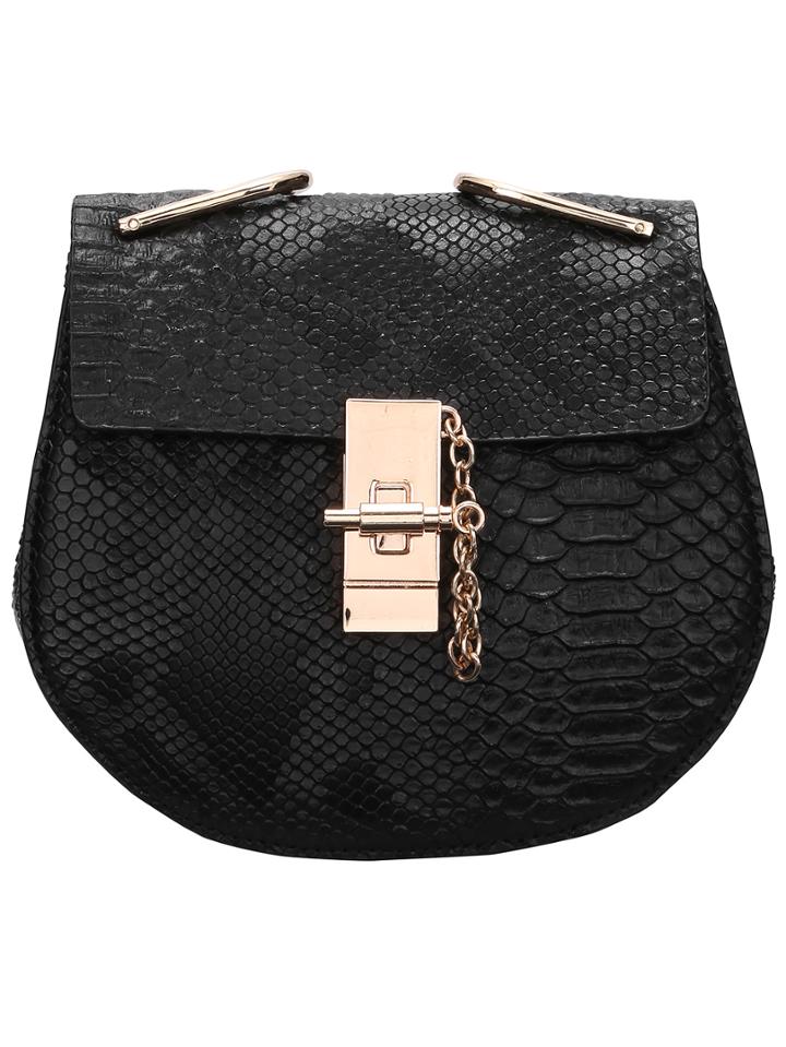 Romwe Black Metallic Embellished Snakeskin Print Chain Bag