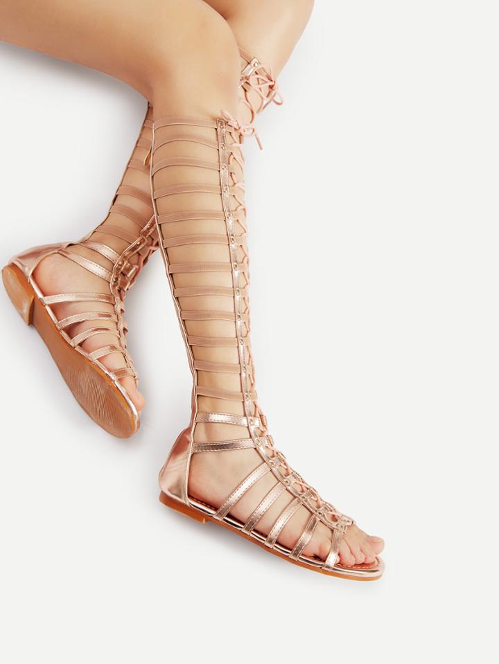 Romwe Lace Up Caged Knee High Flat Sandals