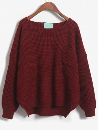 Romwe Wine Red Long Sleeve Pockets Dipped Hem Sweater