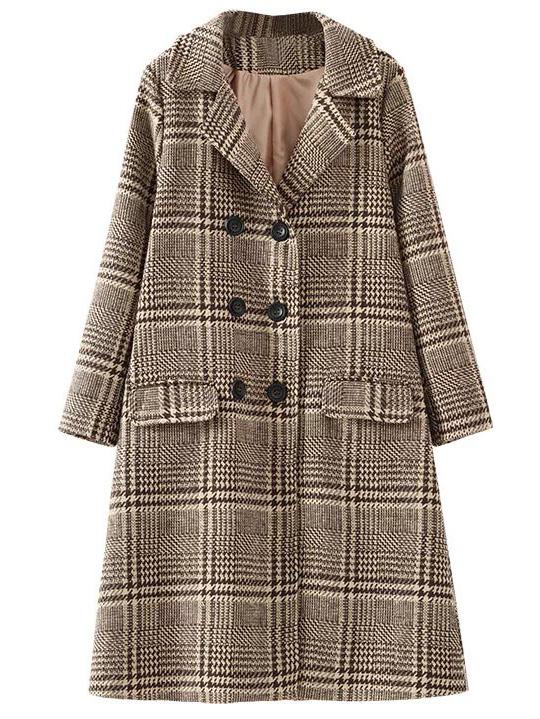 Romwe Khaki Plaid Double Breasted Coat