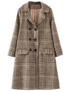 Romwe Khaki Plaid Double Breasted Coat