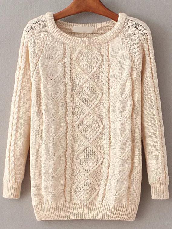 Romwe Apricot Cable Knit Raglan Sleeve Sweater