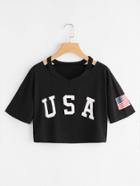Romwe Cut Out Neck Letter Print Tee