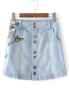 Romwe Light Blue Flower Embroidery Button Skirt