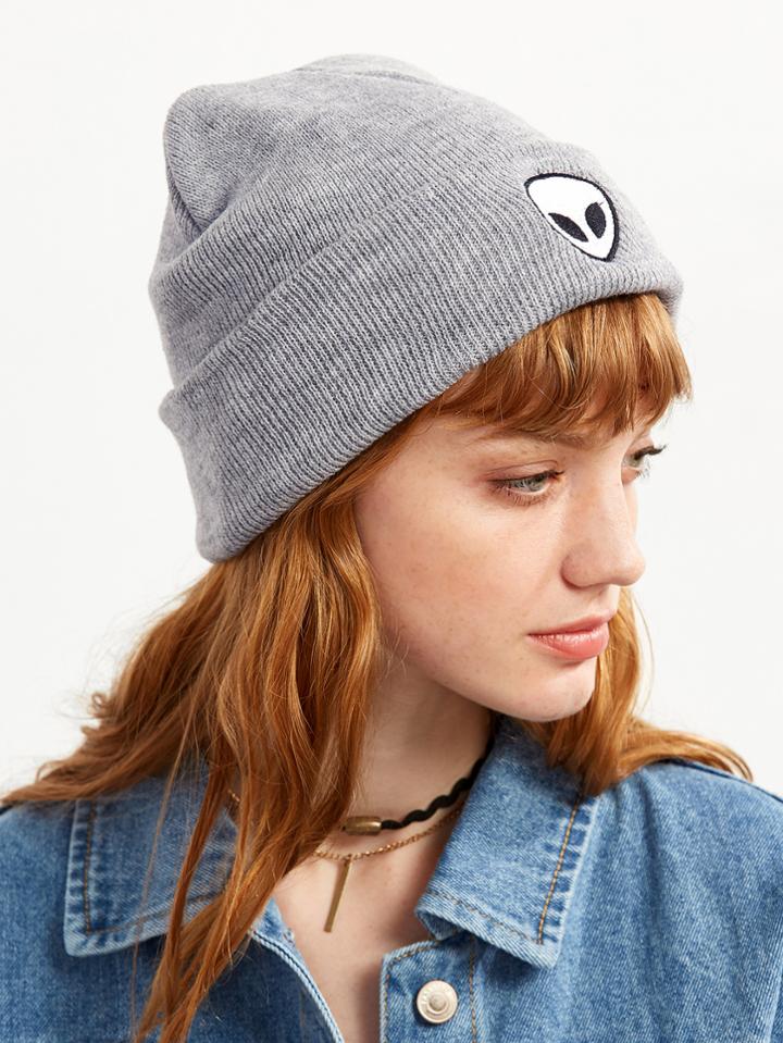 Romwe Grey Alien Embroidered Jersey Beanie Hat