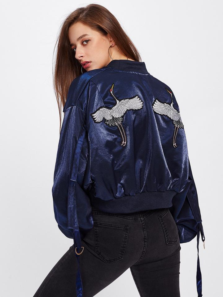Romwe Red-crowned Crane Embroidered Strap Detail Jacket