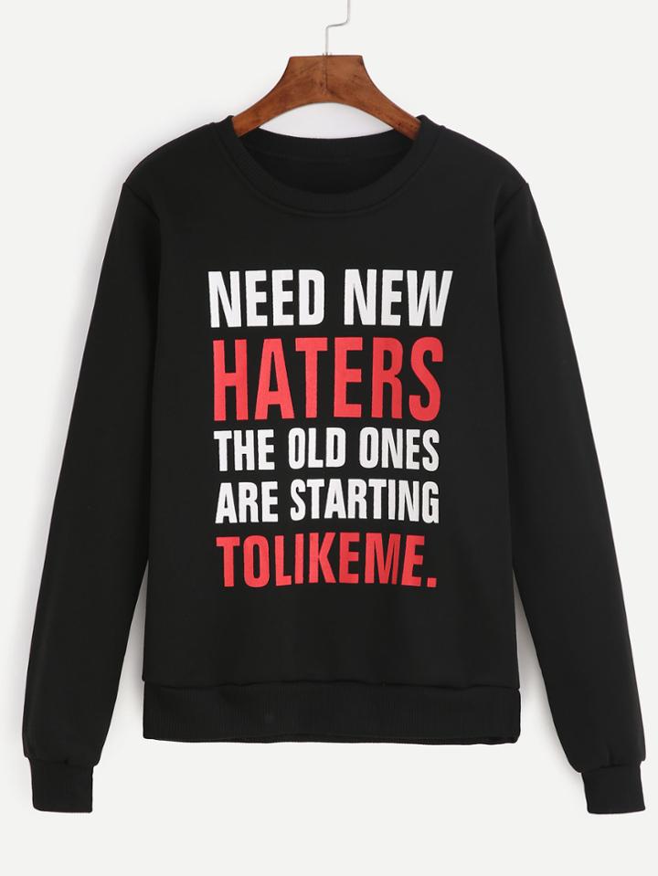 Romwe Black Slogan Print Sweatshirt