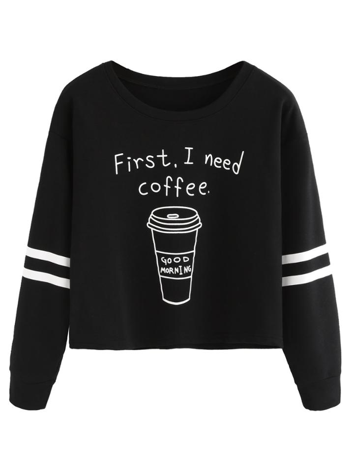 Romwe Black Coffee Cup Slogan Print Varsity Striped Crop Sweatshirt