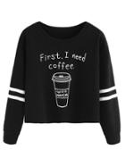 Romwe Black Coffee Cup Slogan Print Varsity Striped Crop Sweatshirt