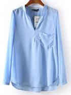 Romwe Stand Collar Pocket Blue Blouse