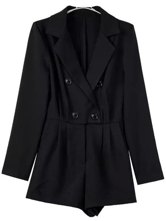 Romwe Notch Lapel Double Breasted Black Romper