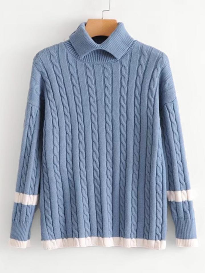 Romwe Contrast Trim Cable Knit Sweater