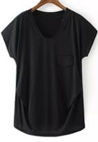 Romwe With Pocket Asymmetrical Black T-shirt