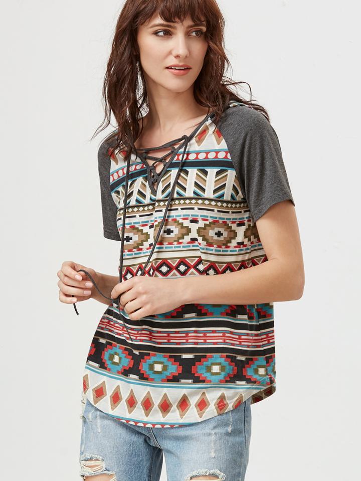 Romwe Multicolor Tribal Print Lace Up V Neck Raglan Sleeve Hooded T-shirt
