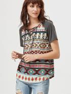 Romwe Multicolor Tribal Print Lace Up V Neck Raglan Sleeve Hooded T-shirt