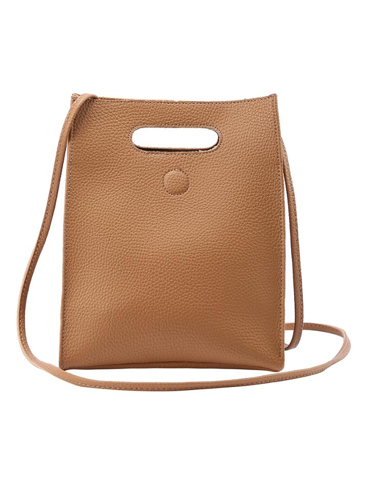 Romwe Embossed Faux Leather Cutout Handle Shoulder Bag - Brown