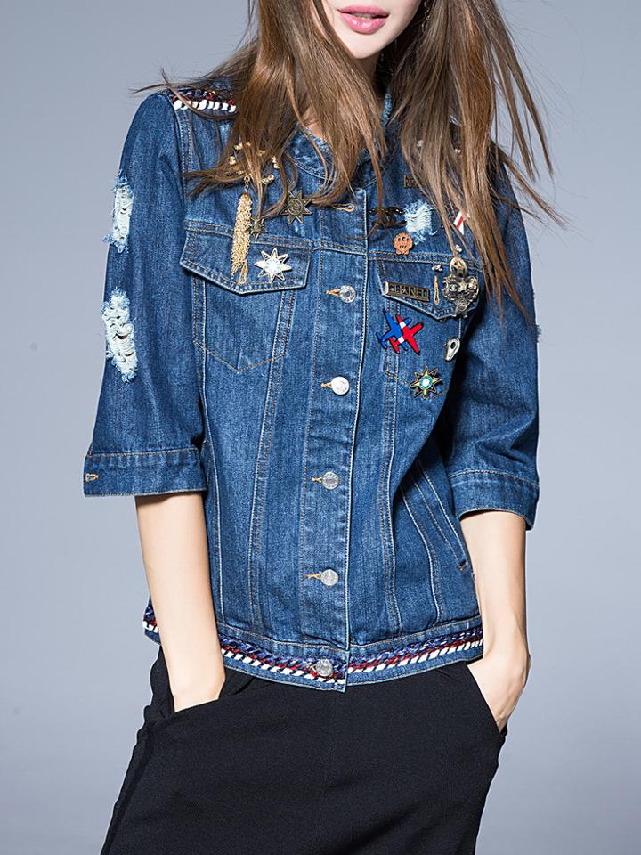 Romwe Blue Collar Pocket Denim Coat