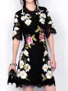 Romwe Black Round Neck Half Sleeve Embroidered Lace Dress