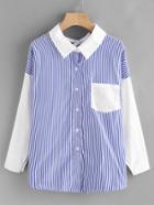 Romwe Contrast Sleeve Striped Shirt With Chest Pocket