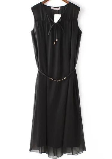 Romwe Sleeveless Lace Up Chiffon Black Dress