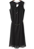 Romwe Sleeveless Lace Up Chiffon Black Dress