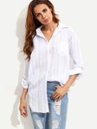 Romwe Blue Vertical Striped Drop Shoulder Roll Sleeve Blouse