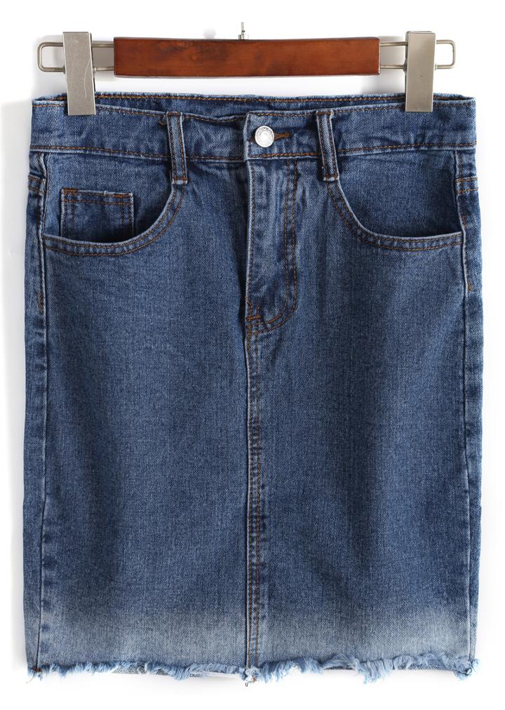 Romwe Ombre Fringe Denim Bodycon Skirt