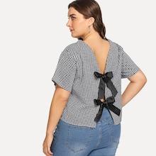 Romwe Plus Back Central Section Bow Plaid Blouse
