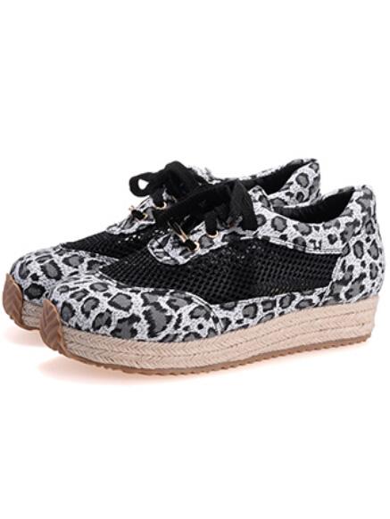 Romwe Black Lace Up Leopard Flats