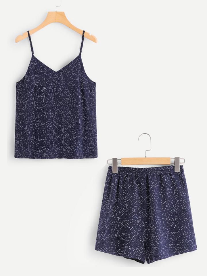 Romwe Polka Dot Print Cami Top With Shorts