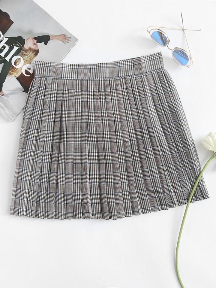 Romwe Box Pleated Checked Skirt