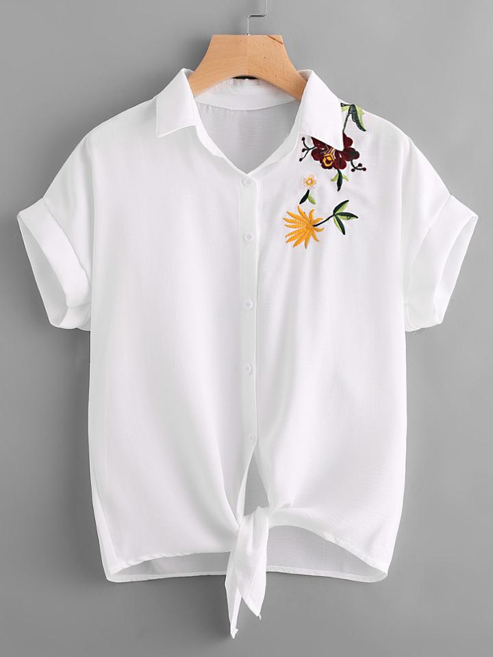 Romwe Embroidered Self Tie Front Blouse