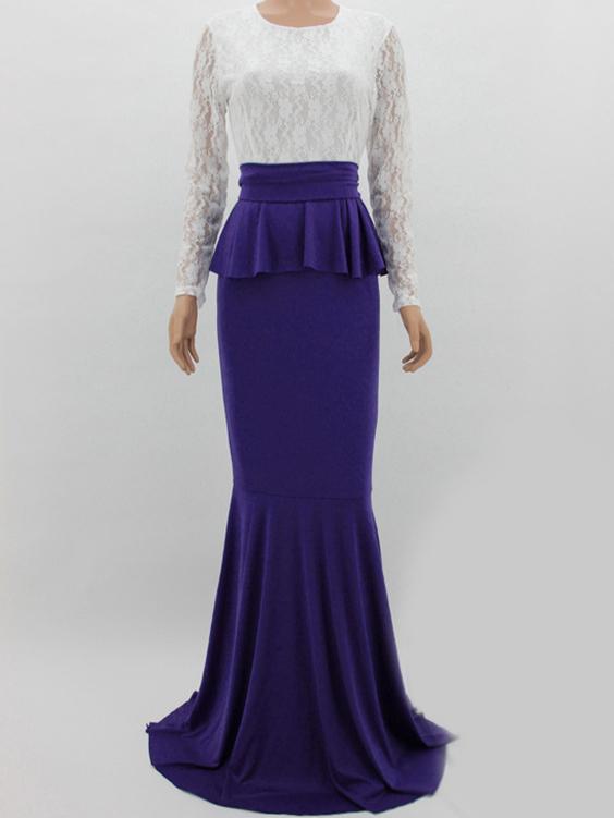 Romwe Contrast Lace Peplum Waist Bow Mermaid Royal Blue Dress