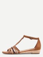 Romwe Faux Suede Caged T-strap Sandals - Camel