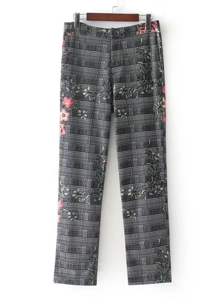 Romwe Floral Print Tailored Plaid Pants
