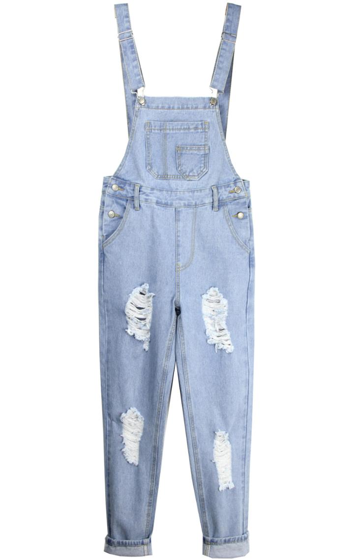 Romwe Straps Pocket Ripped Blue Denim Overalls