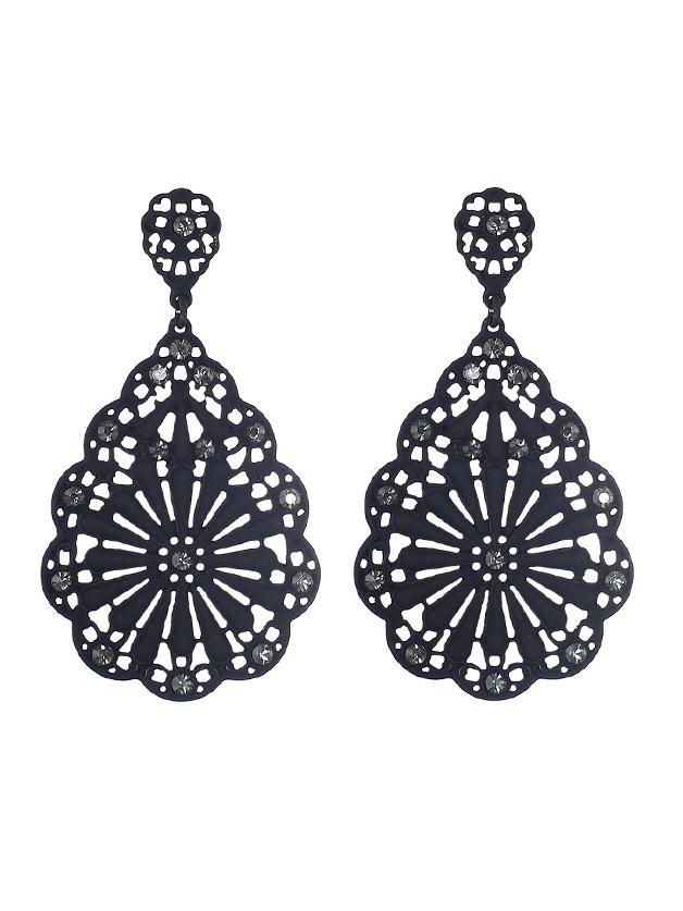 Romwe Black Rhinestone Hollow Out Dangle Earrings