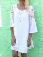 Romwe Bell Sleeve Lace Insert Shift White Dress