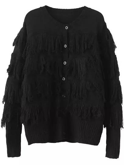 Romwe Round Neck Tassel Black Cardigan